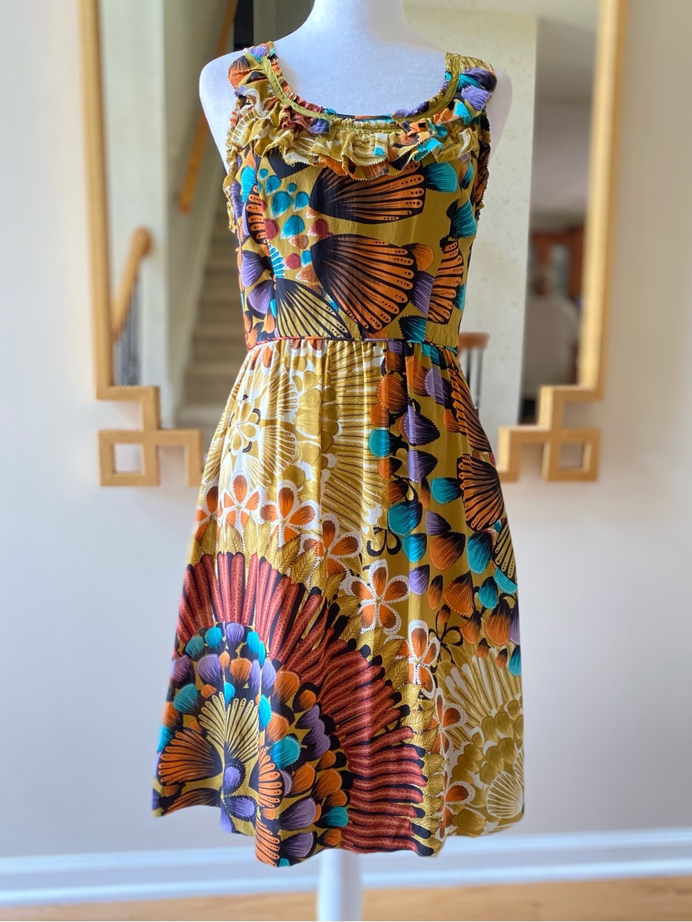 Edme & Esyllte Silk Butterfly Fan Print Ruffle Neck Sleeveless Dress sz 0
